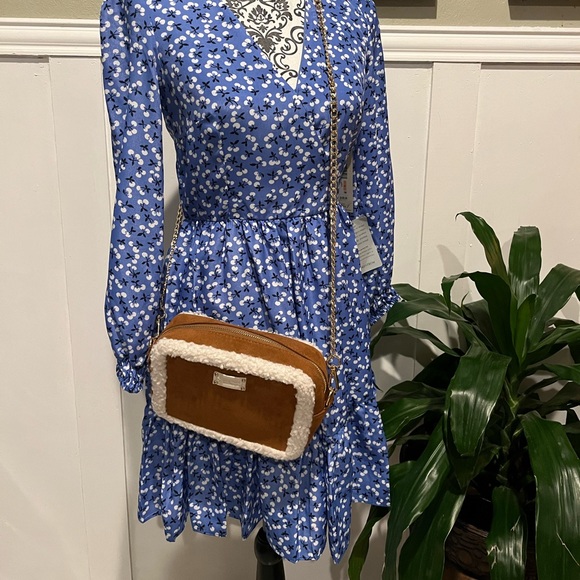 BEARPAW Brown crossbody faux suede & Sherpa purse gold chain - Picture 2 of 5